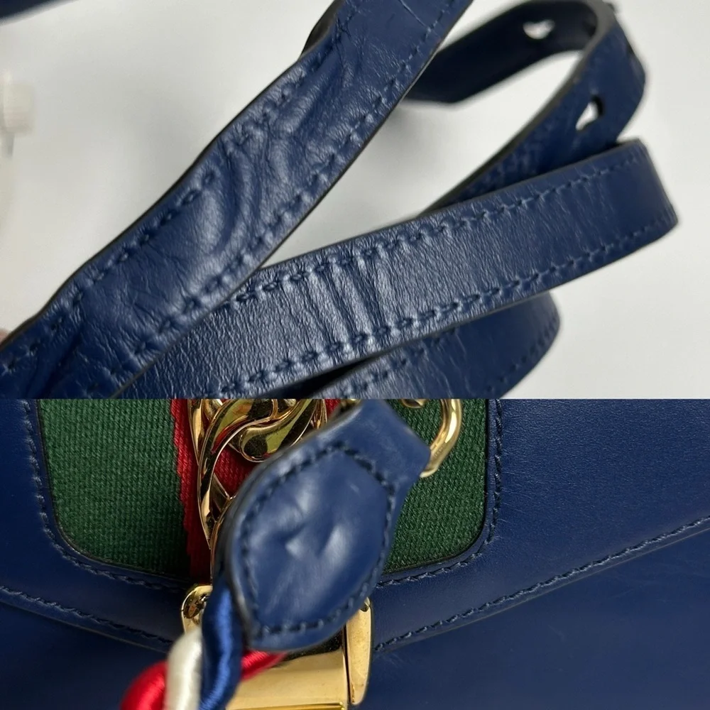 💯Authentic Gucci Navy Blue Sylvie Mini Top Handle Bag in leather 🍀 - Picture 11 of 17